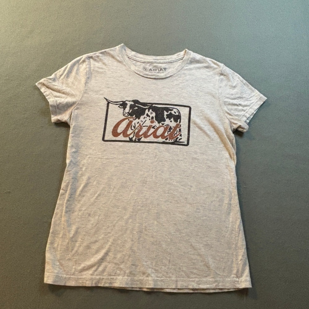 Ariat Graphic T-Shirt Womens S Gray Longhorn Cow Buckle Exclusive Western
